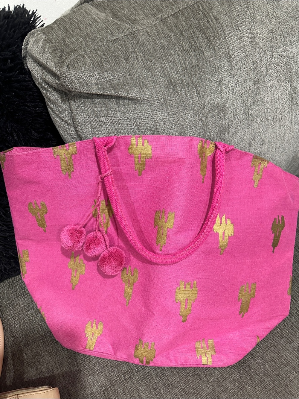 Mud Pie Pink Tote with Gold Cactus Print and Pom Pom Detail
